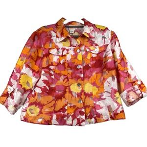 Ruby Rd Red Floral Light Weight Jacket Size 14 pockets adjustable sleeves